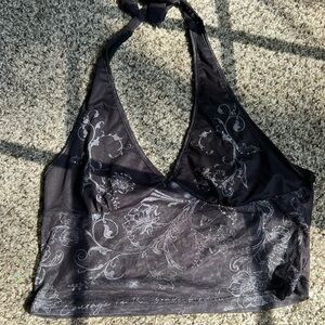 Black Sheer Floral Halter Top